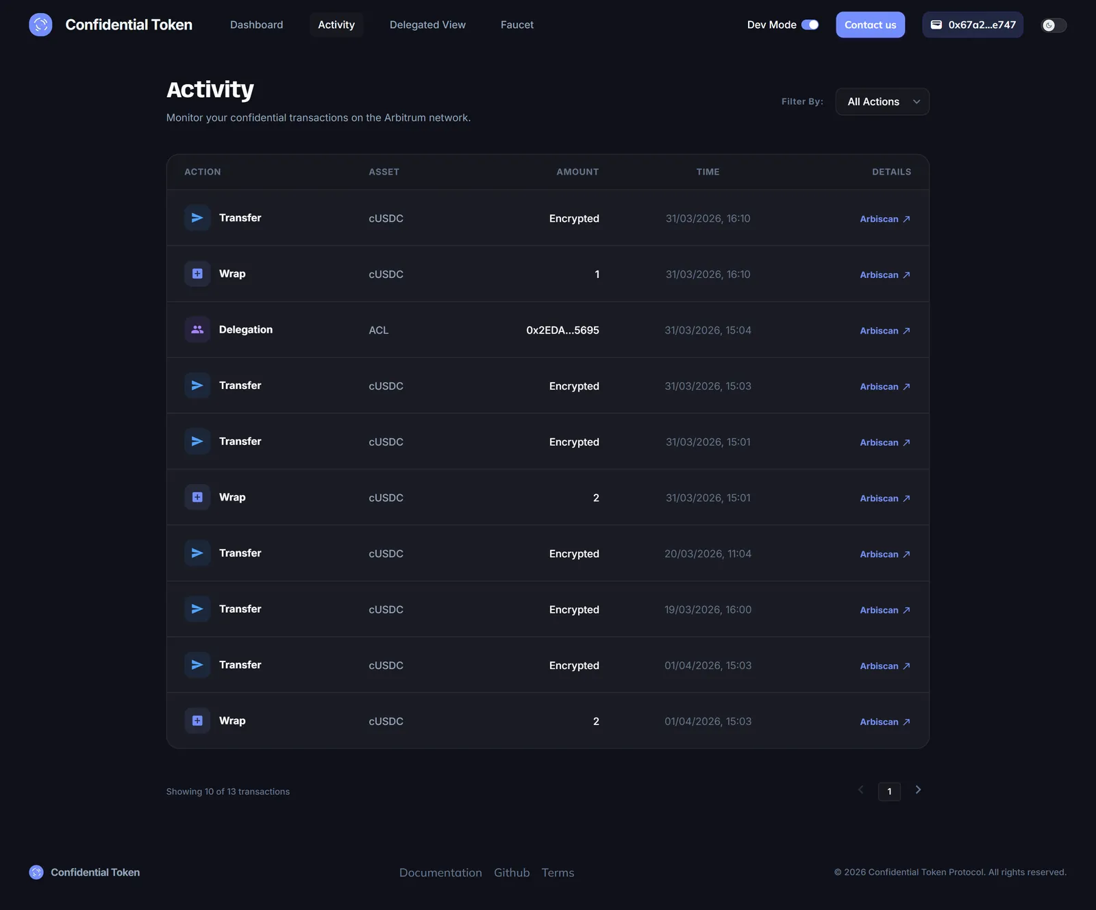 Activity. Private transaction history with encrypted amounts