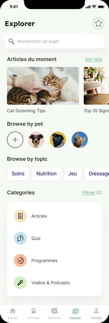 Explorer. Articles, quizzes, and programmes by pet and topic