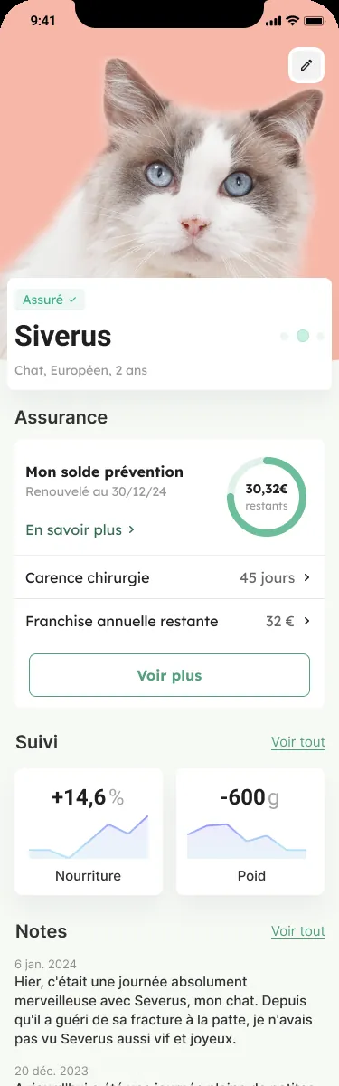 Pet profile. Insurance balance, health tracking, and notes